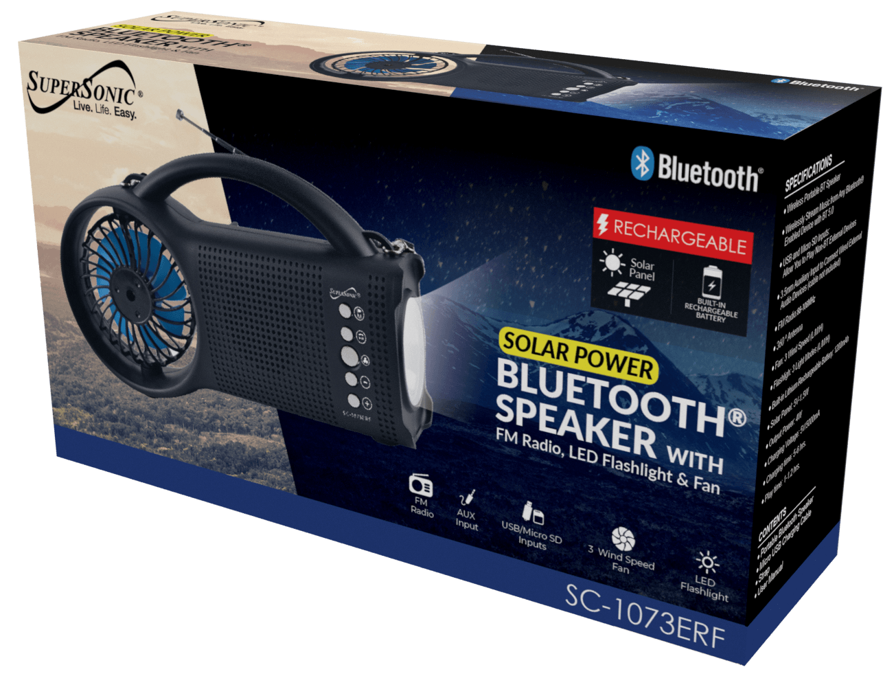 Supersonic Solar Power Bluetooth Speaker with FM Radio, LED Torch Light & Fan