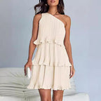 Spring Summer Women Clothing Oblique Shoulder Layered Stitching Hem Solid Color Dress Women