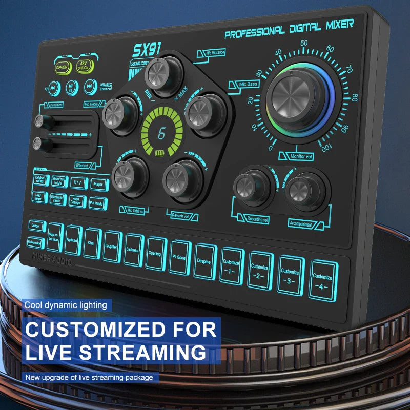 48V Audio Mixer with Voice Changer - Podcast Mixer & USB Sound Card for Phone, Gaming, Karaoke, Live Streaming