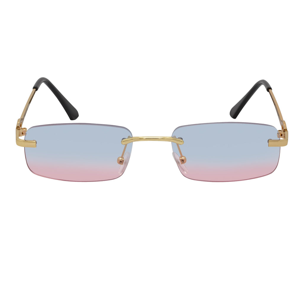 CHANELLE - Rimless Small Rectangle Sunglasses Gold Blue-Pink Fade Lens