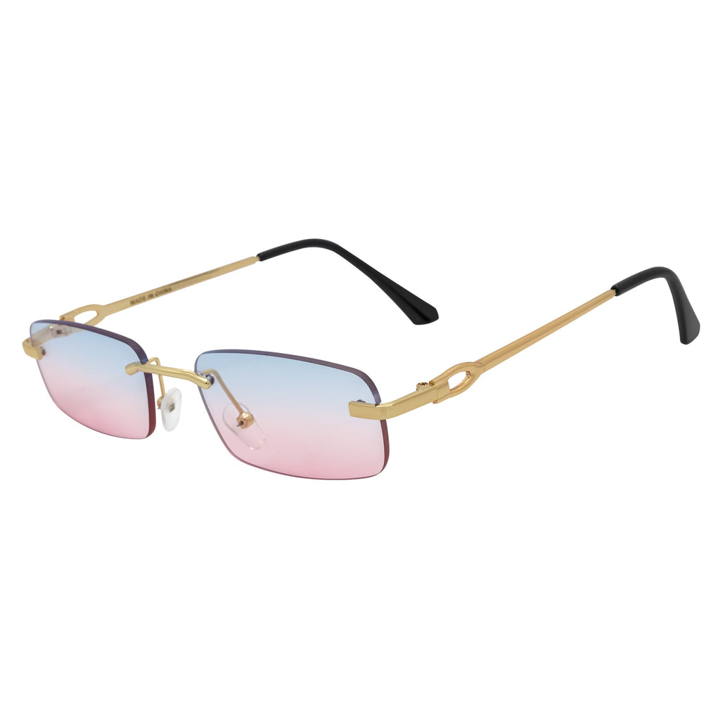 CHANELLE - Rimless Small Rectangle Sunglasses Gold Blue-Pink Fade Lens