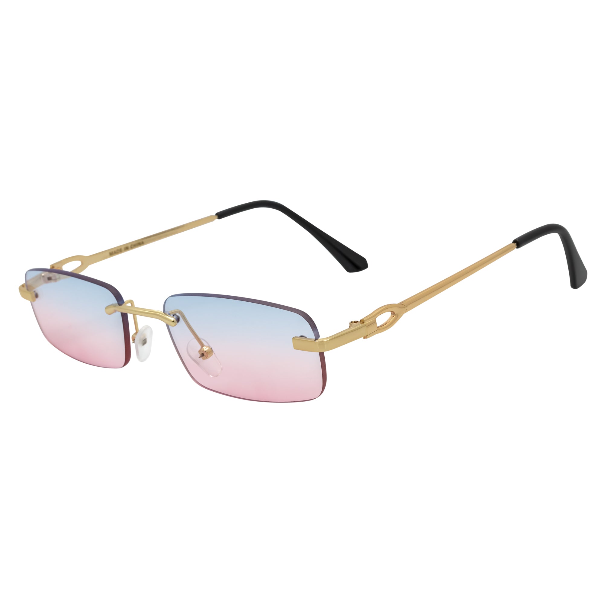 CHANELLE - Rimless Small Rectangle Sunglasses Gold Blue-Pink Fade Lens