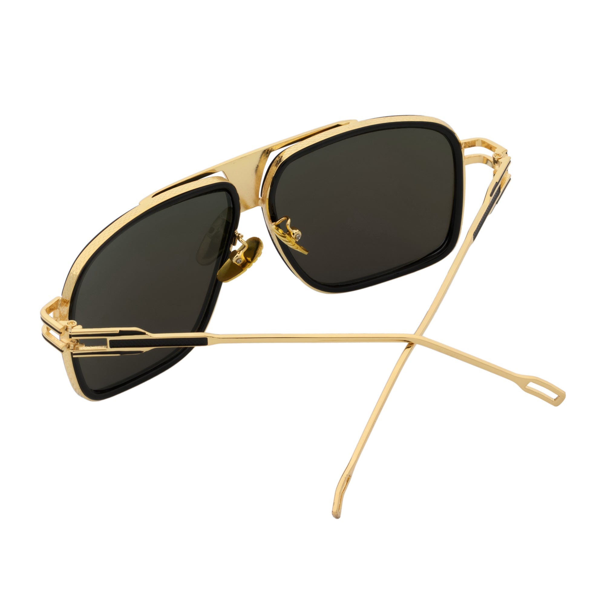 MAC - Two-Tone Square Metal Aviator Black-Gold Sunglasses Silver Mirror Lens