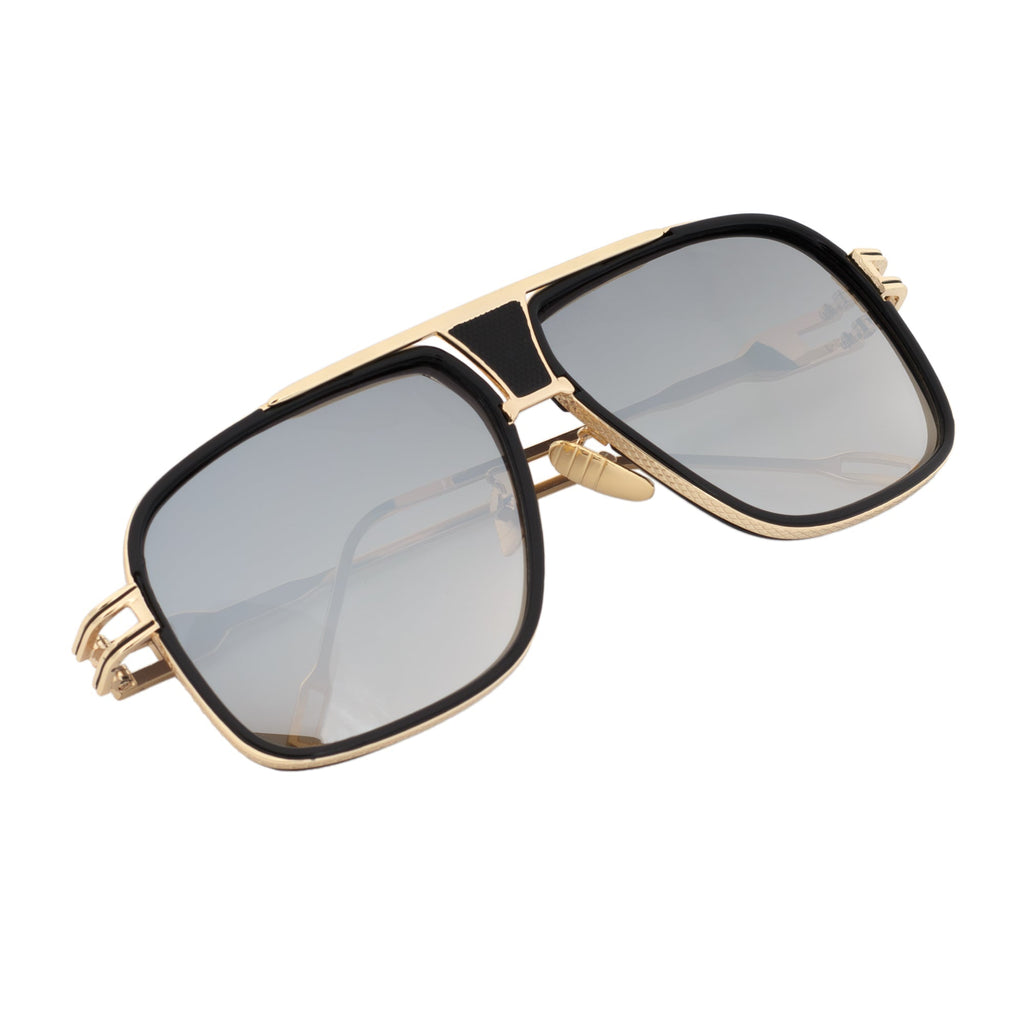 MAC - Two-Tone Square Metal Aviator Black-Gold Sunglasses Silver Mirror Lens