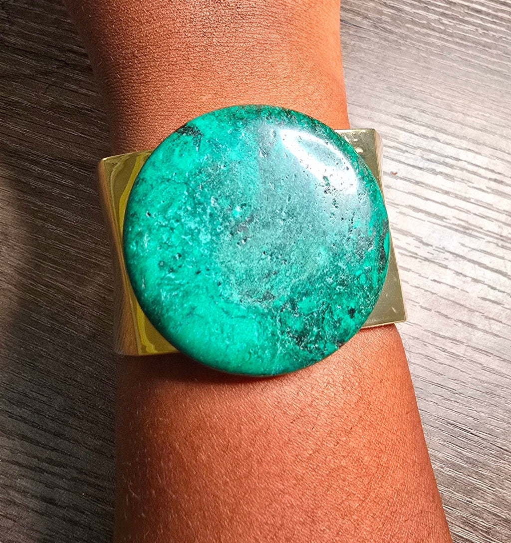 Natural Green Turquoise and Gold Bangle
