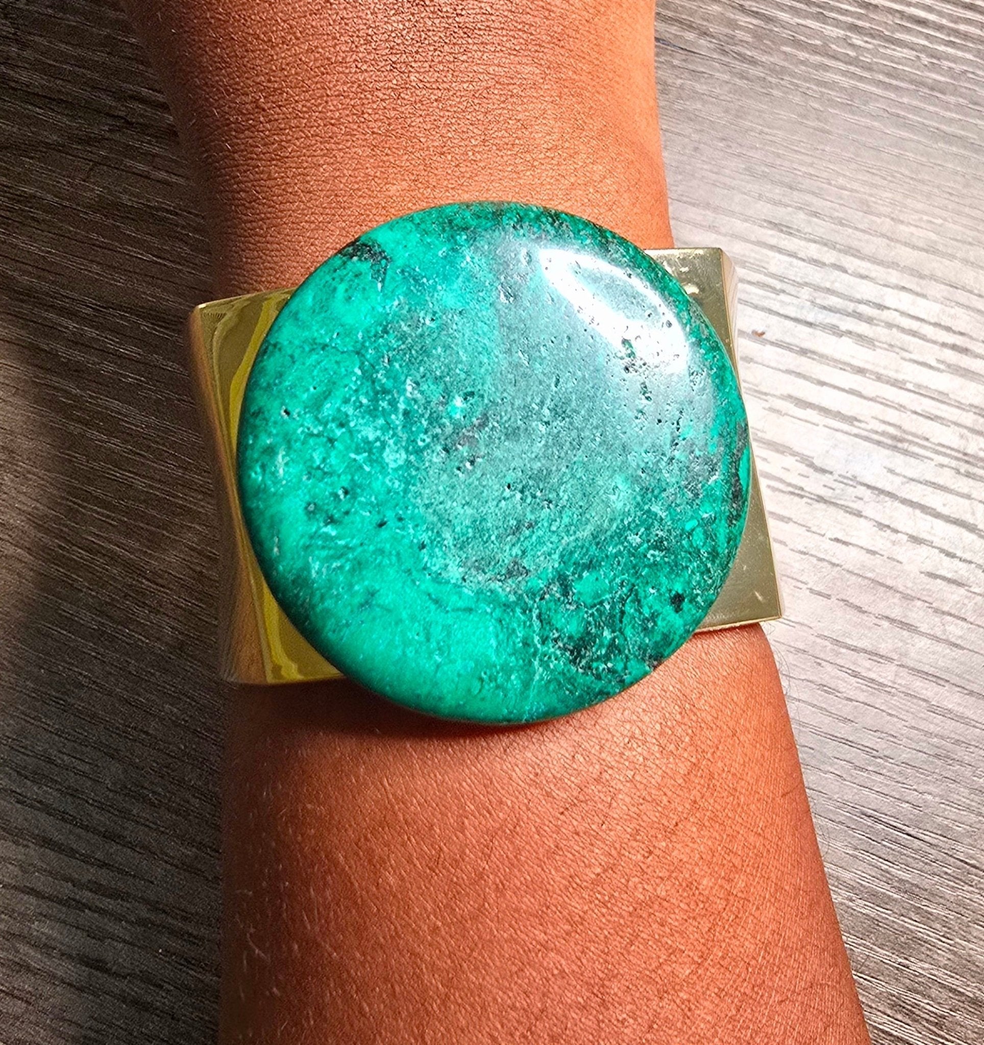 Natural Green Turquoise and Gold Bangle