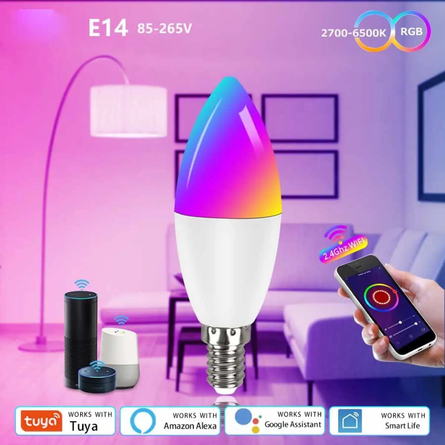 Smart LED Lamps | E14 RGB CW WW Dimmable Bulb with Voice Control